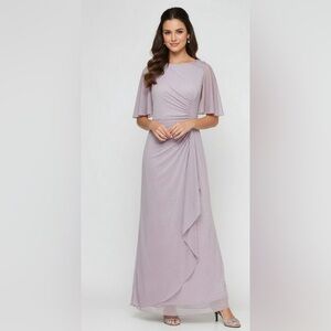 SLNY Long Glitter Mesh Dress with Embellished Elbow Sleeves in Mauve